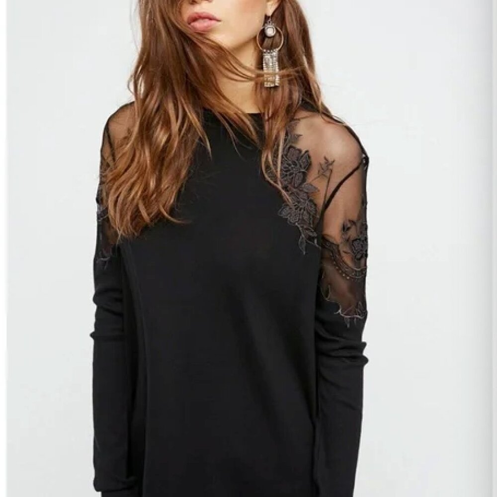 Free People Daniella Black Sweater with Mesh Embroidered Shoulders • S - Picture 2 of 15